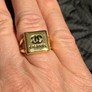 CHANEL Gold Square Logo Ring with Black CC Emblem
